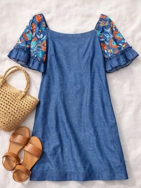 Embroidered Chambray Off Shoulder Dress Boho Cottagecore Floral Size 10